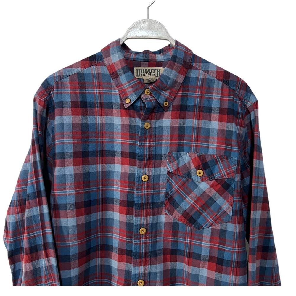 Duluth Trading Co Mens Large Free Swingin Flannel Trim Fit Shirt Blue Red Plaid - Picture 4 of 13